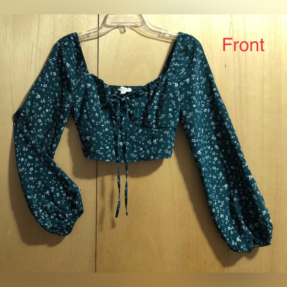 L. A. Hearts Forest Green Floral Crop Top Blouse LS Size Small